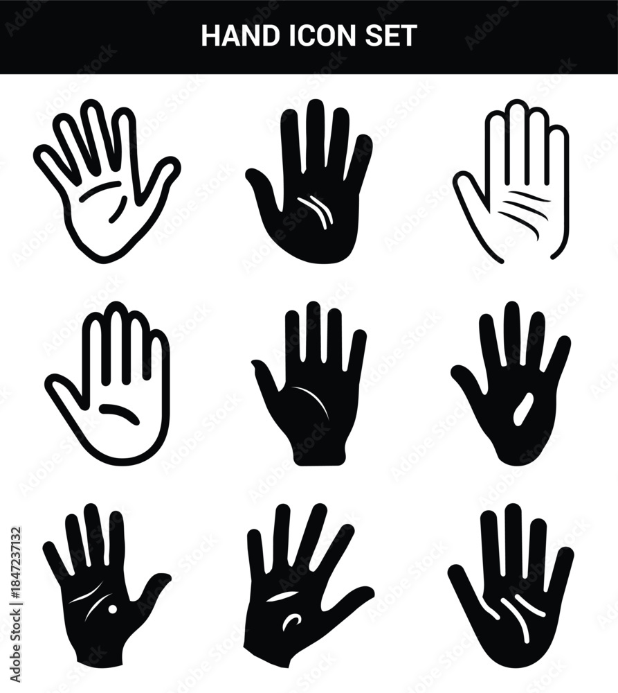 Fototapeta premium Black and White Hand Icon Set Featuring Nine Distinct Palm and Finger Illustrations