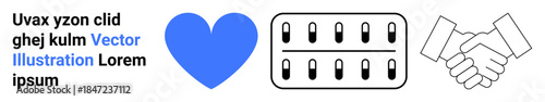 Healthcare, partnerships, love, medicine, wellness, trust. A blue heart, a rectangular pill pack and a handshake icon care. Healthcare and partnerships visually