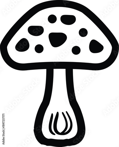 Black and White Mushroom Doodle Illustration of Fungi with Spotted Cap and Striated Stem