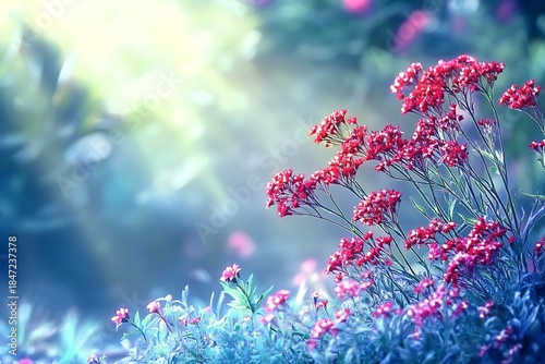 Red flowers bloom against a soft, glowing backdrop, evoking springtime serenity and peaceful natural beauty