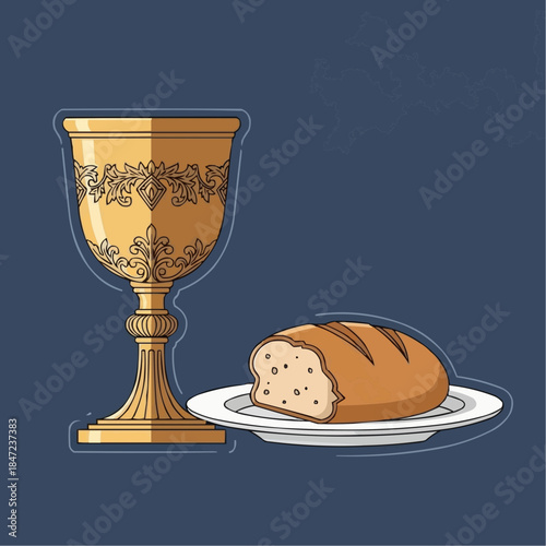 Golden chalice with bread on a plate against a dark blue background