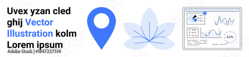 Free Download Navigation, analytics, business tools, digital design, floral art, modern tech. Blue location pin, flower outline and dashboard with charts. Navigation and analytics tool - GFXLoad