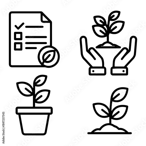 Collection of Line Icons for Sustainable Development, Eco-Friendly Practices, and Plant Growth