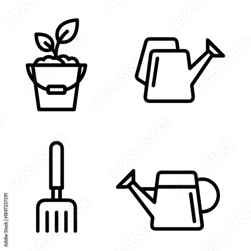 Gardening Tools and Planting Supplies Line Art Icons Set for Agriculture