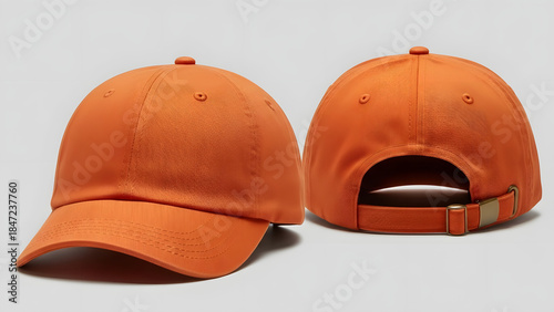 Blank orange baseball cap mockup front and back view isolated on light background