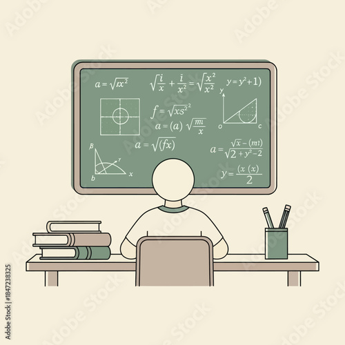 Student Sitting at Desk with Blackboard.