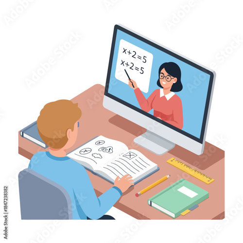 Boy Studying Math on Computer Screen.