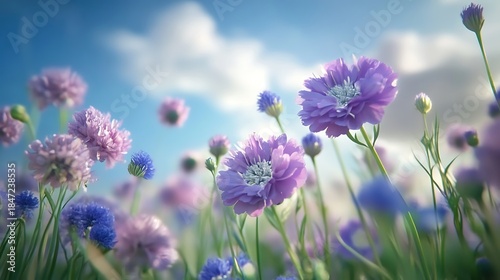 Vivid light purple and blue flowers fill a blooming garden beneath a bright sky