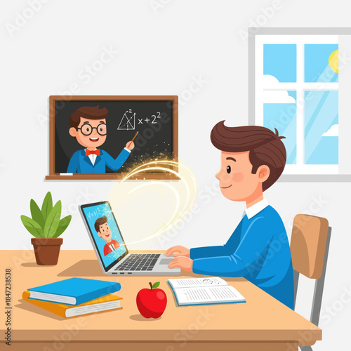 Young Boy Learning Online with Teacher.