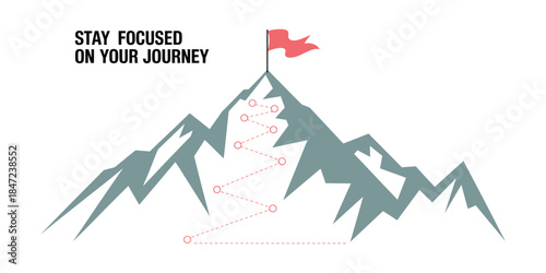 Journey Concept, featuring a mountain with a path and a flag at the top, representing the route to the peak, business journey, and planning strategy