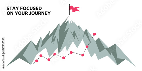 Journey Concept Vector, a professional showing a mountain trail with a summit flag, ideal for business planning, goal setting, strategy, and progress