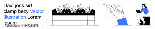 Gardening, writing, remote work, creativity, freelance life, minimalism. Potted plants, a hand holding a pen and a person on a laptop. Gardening and creative writing concept