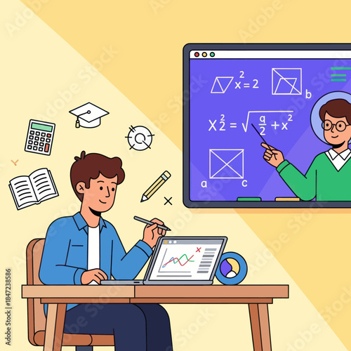Student Learning Math Online with Teacher.