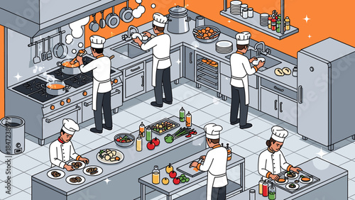 Busy commercial kitchen with chefs preparing meals