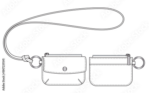 Vector technical flat sketch of mini coin purse with lanyard strap. Wallet CAD template with editable strokes. Front and back views.