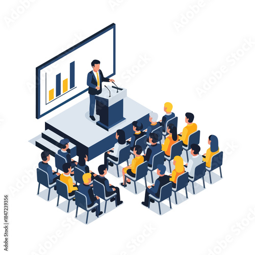 Man presenting to audience in conference hall.