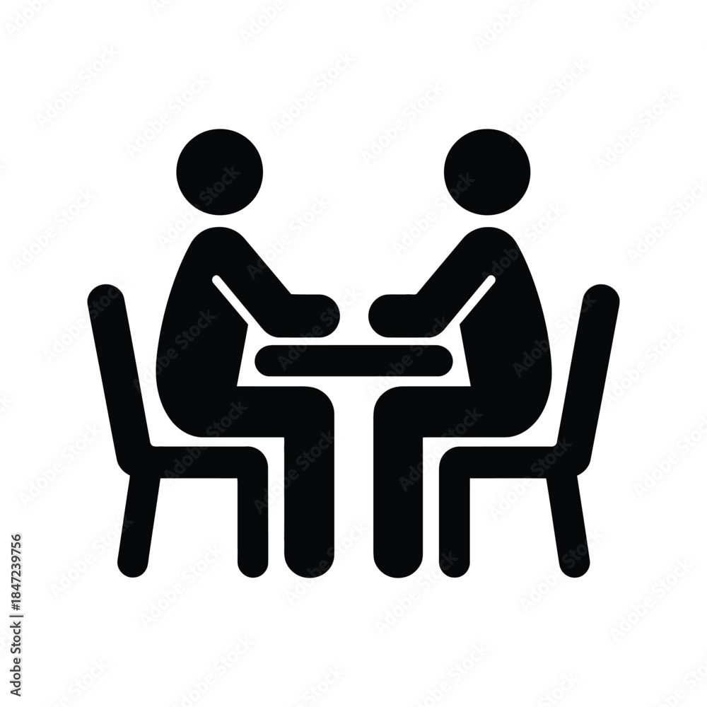 Fototapeta premium Two simple figures sit facing one another at a table on a transparent background