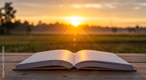 朝日が降り注ぐ木製テーブルの開かれた本 穏やかな野原と木々が広がる美しい風景. AI Generated