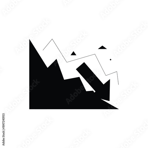 A bold black chart shows a downward trend against white background