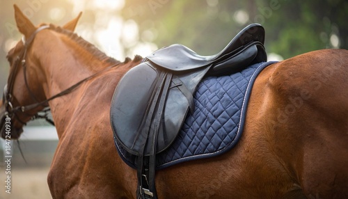Elegant black riding saddle with a blue quilted pad positioned securely on the strong back of a magnificent brown horse, bathed in warm golden light, poised for an equestrian adventure
