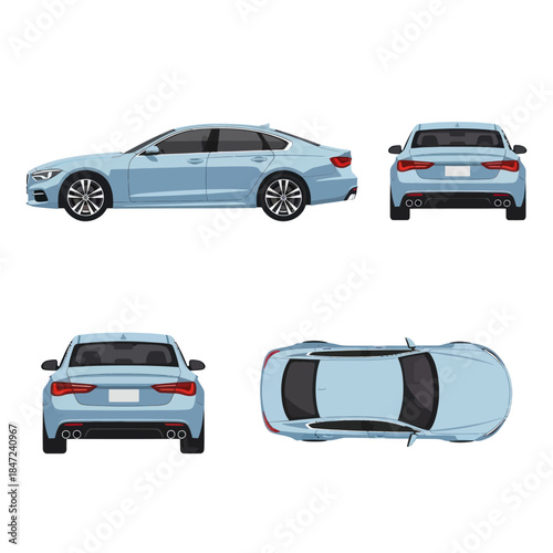 Light Blue Car Multiple Angles Illustration.