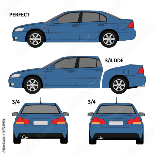 Blue Car Illustration with Various Angles.