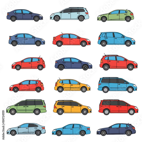Collection of Various Colored Cars Illustration.