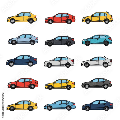 Collection of Various Colored Cars Side View.