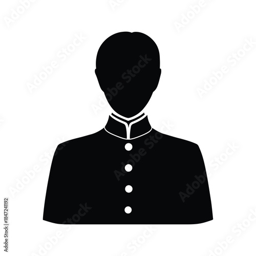 An upper body silhouette portrays an asian man with a mandarin collar shirt on white background