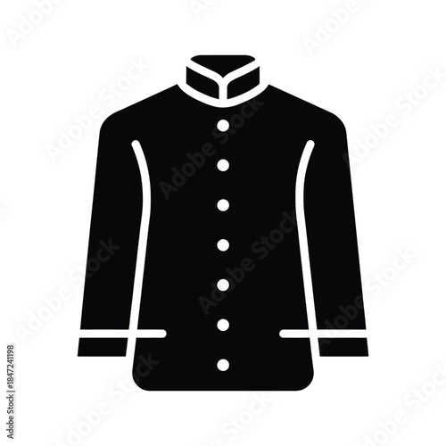 Black and white chinese tunic suit with buttons in format against white background