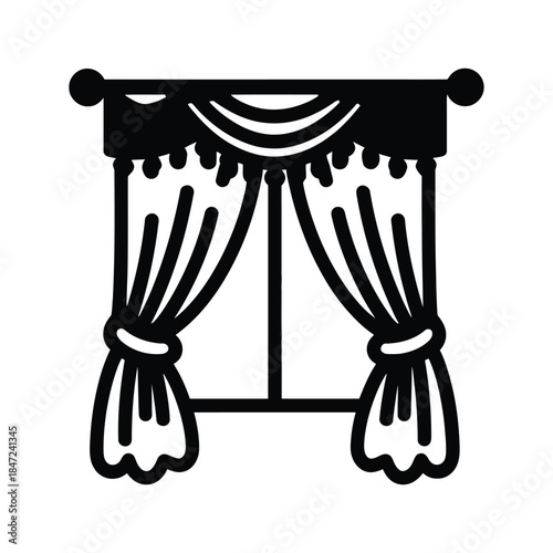 Black line art depicts curtain with knotted tiebacks against a white background