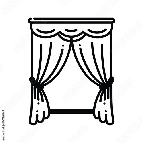 Black line art of an open tied curtain with white background showing behind it