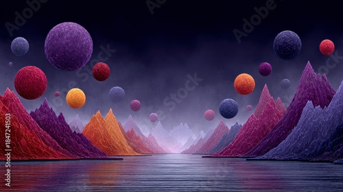 Surreal landscape with colorful, spherical orbs floating above jagged, layered mountains and water