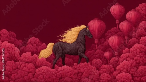 Stylized black horse with golden mane in a crimson landscape of foliage and lanterns