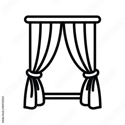 Black outline window frame features curtains held with knot, and white background