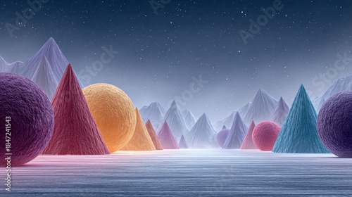 Whimsical landscape featuring colorful geometric shapes amid snow, mountains, and a starry night