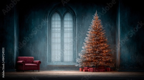 A Christmas scene with a lit tree, presents, armchair, and a tall arched window in a dark room