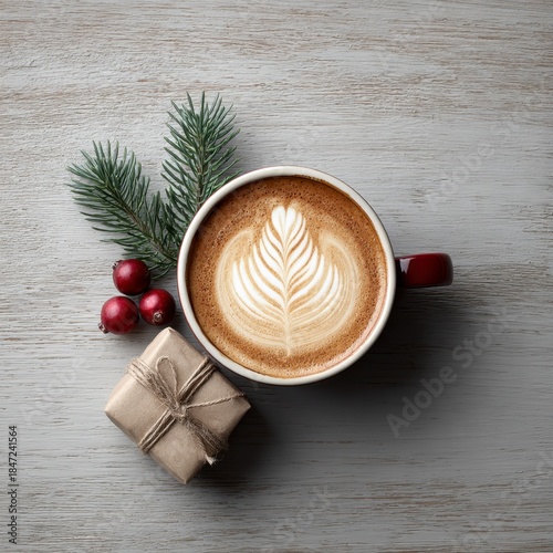 A cozy holiday still life with coffee, gift, berries, and evergreen on a rustic wood surface