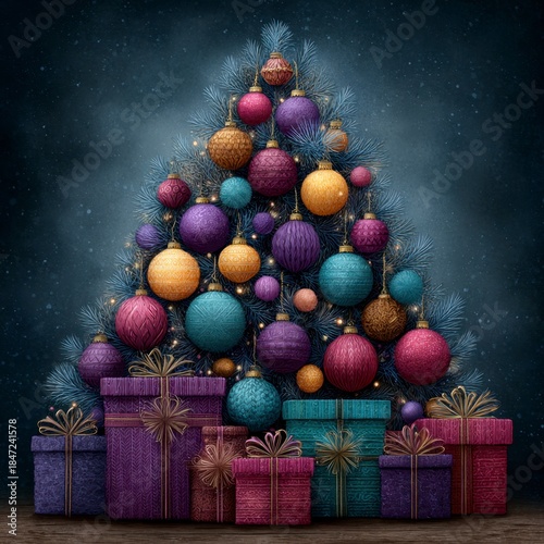 A festive holiday scene shows a decorated tree with colorful ornaments and wrapped presents below