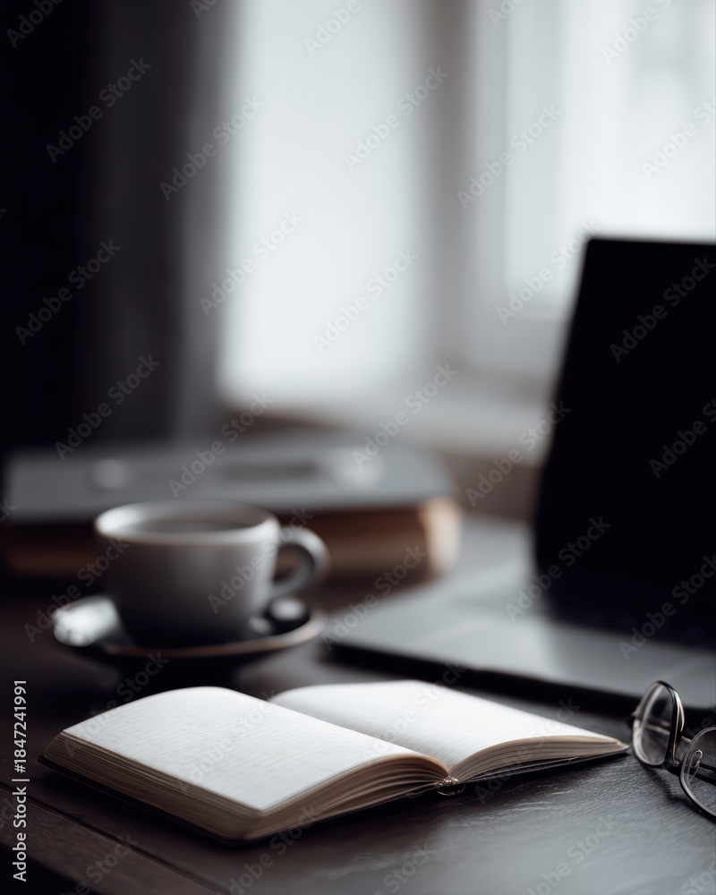 Naklejka premium freelancer workspace with laptop and notebook, independent work lifestyle