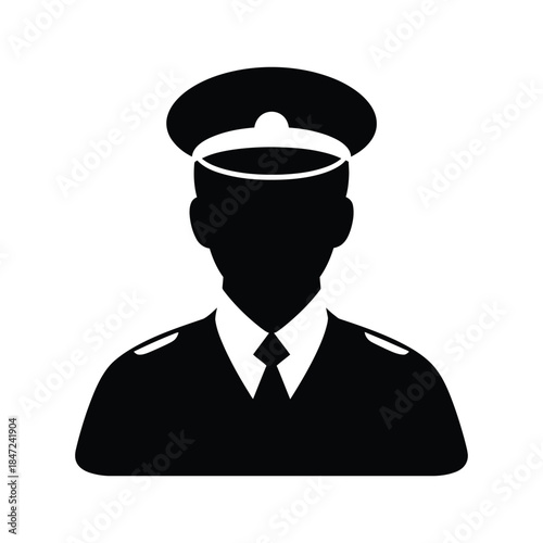 Silhouette of a man in uniform with tie and hat against white backdrop