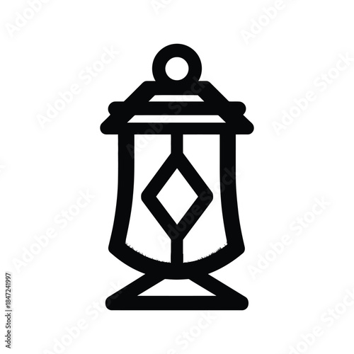 Simple black outline of a vintage lantern shines brightly against a white background