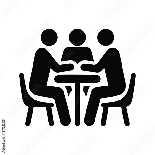 Three people sit at a table, depicted in a black icon on white background