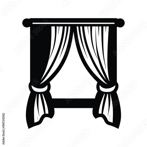 Window frame with tied back curtains in black color on white background