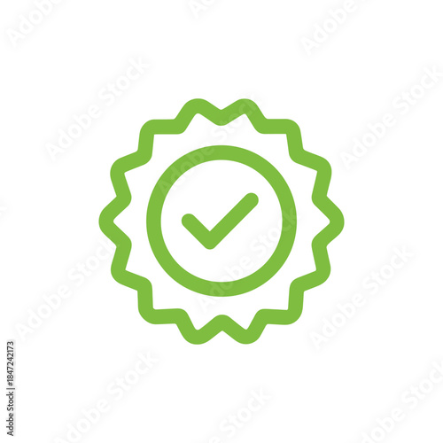 A green approval check mark resides inside a flower like circle, it is transparent