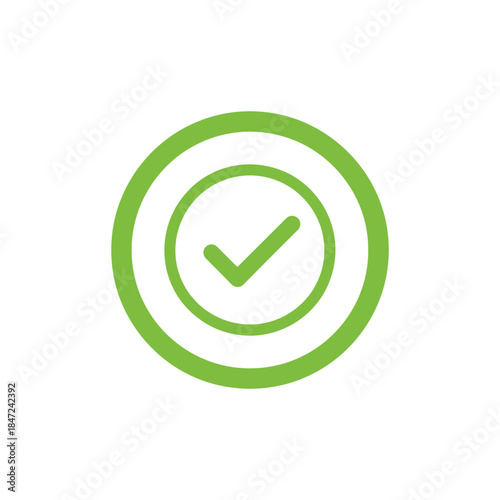 A lime green checkmark resides inside of two concentric circles against a white background