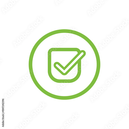 A lime green check mark inside a rounded square is enclosed by a circle