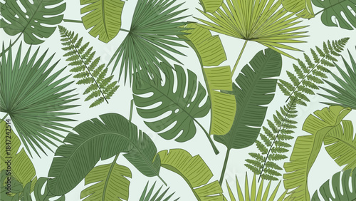 A vibrant and lush pattern featuring various green tropical leaves like monstera, banana, palm, and fern on a clean white background.