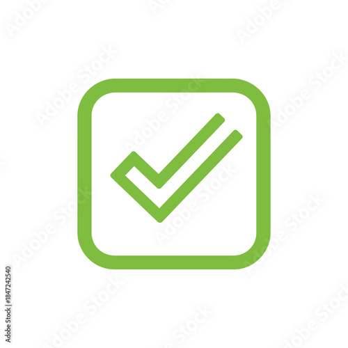 A vibrant green checkmark symbol resides within a rounded square on a white background