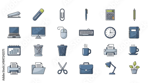 A collection of various office supplies and technology icons, including stationery, computers, and desk accessories, presented in a clean, illustrative style.